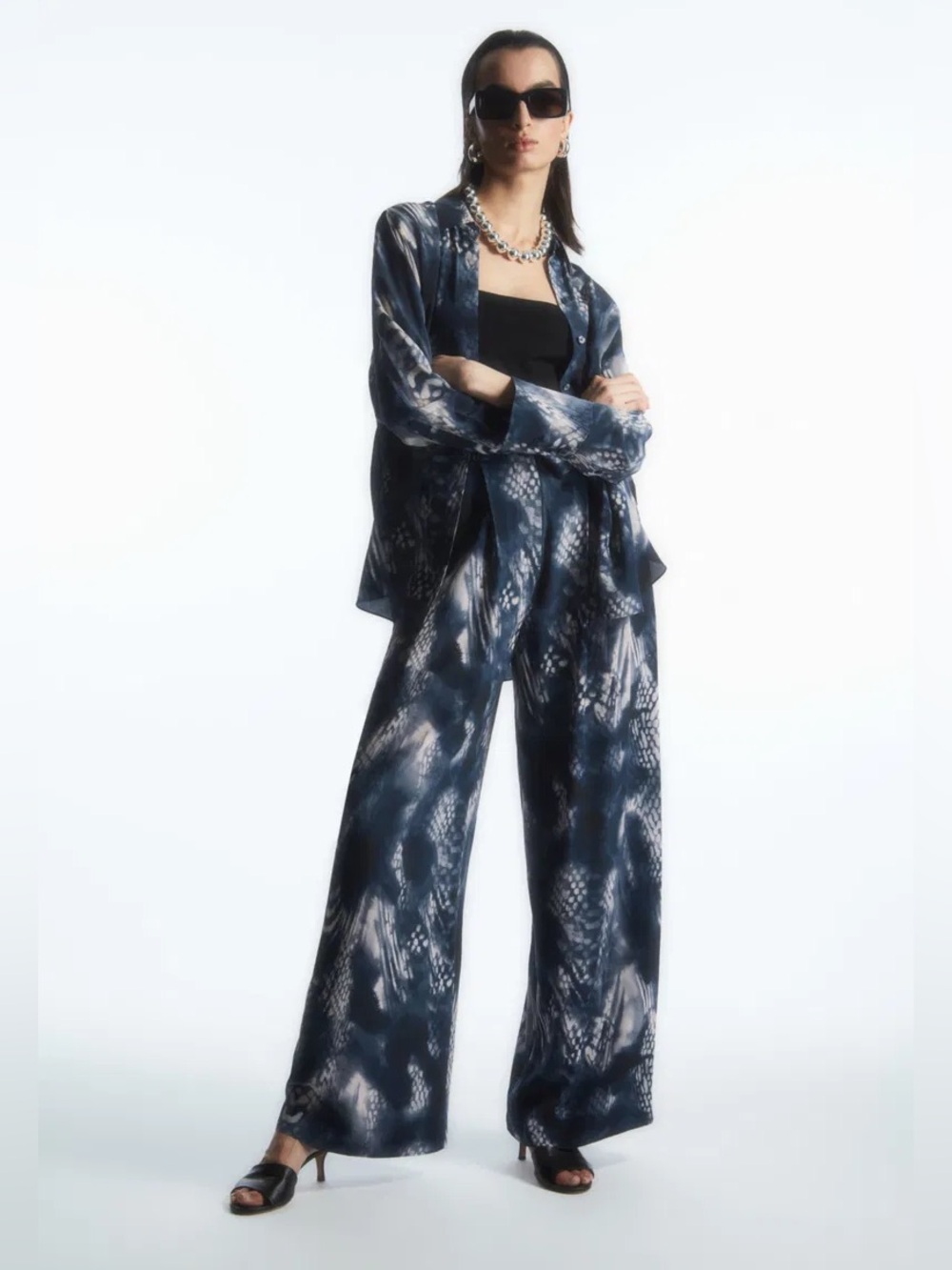 COS Wide-Leg Printed 100% Silk Trousers EU 36 US 4/S Pants in Navy White NEW